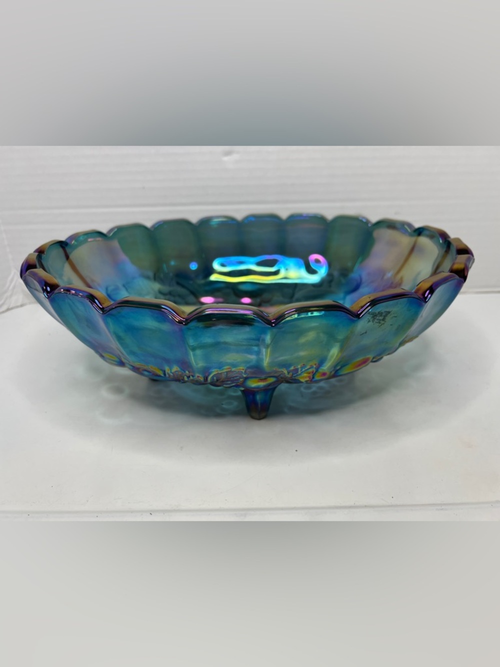 Vintage Harvest Carnival Blue Glass Centerpiece 4 Footed by Colony/Indiana Glass